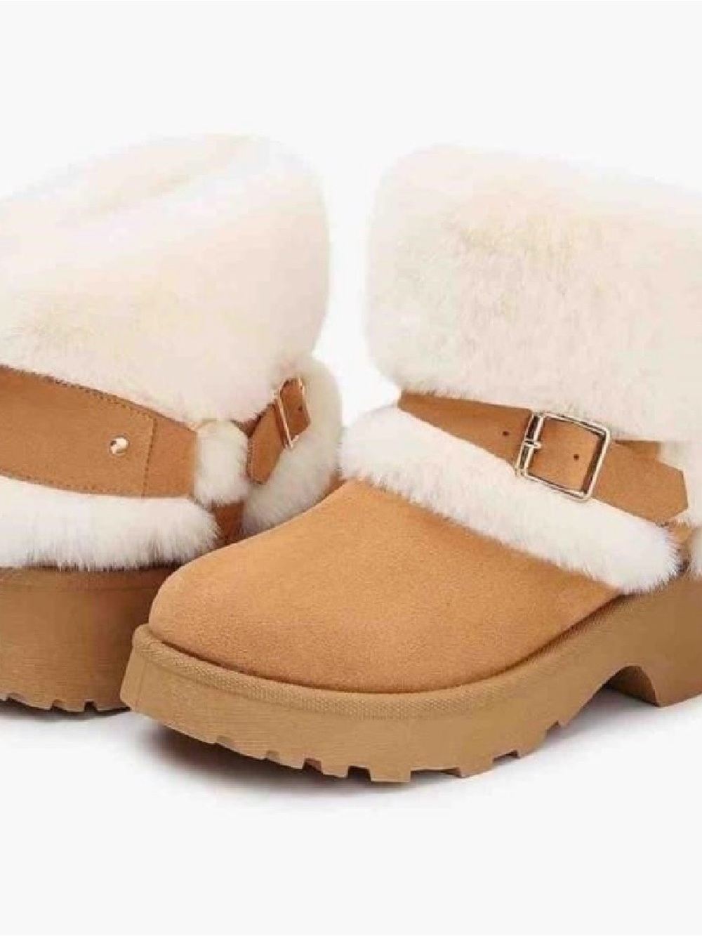 Cozy Tan Faux-Shearling Clog Mules with Buckle Strap